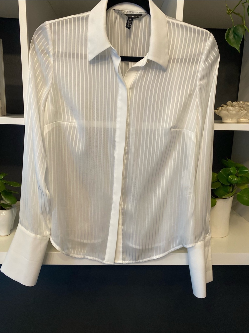 White House Black Market White Sheer Striped Button-Up Blouse with French Cuffs